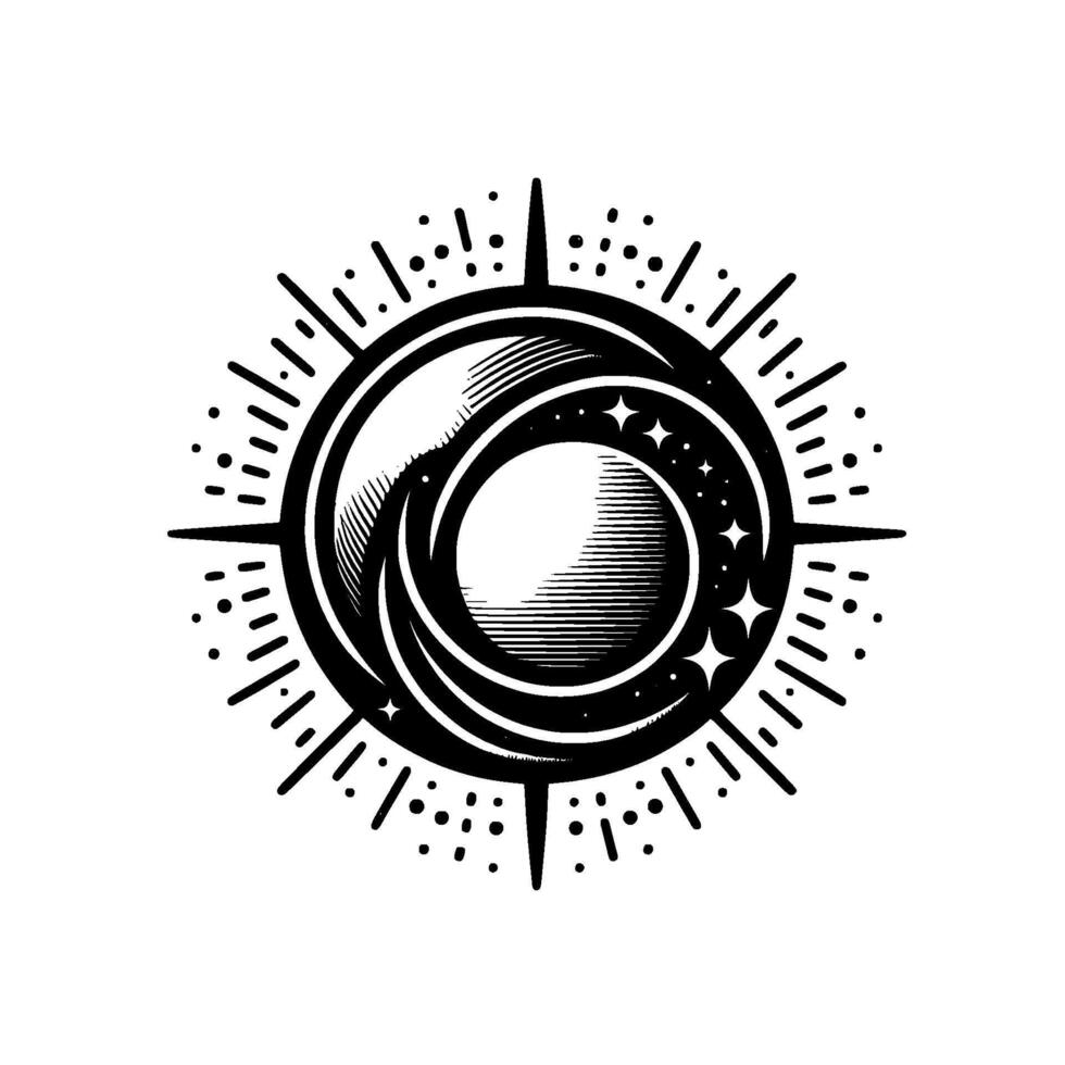 Ornate Celestial Emblem A Black and White TattooStyle Featuring Moon, Sun, Stars, and Circular Burst. vector