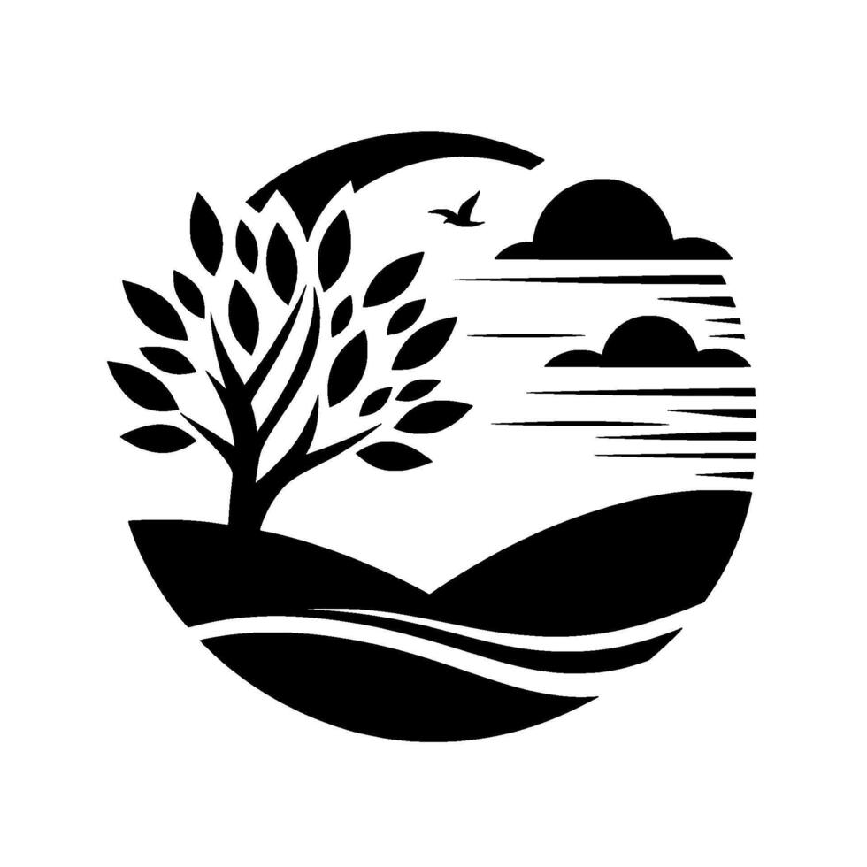 A stylized blackandwhite landscape scene within a circle, featuring a tree, rolling hills, clouds, and a flying bird, evoking a sense of tranquility. vector