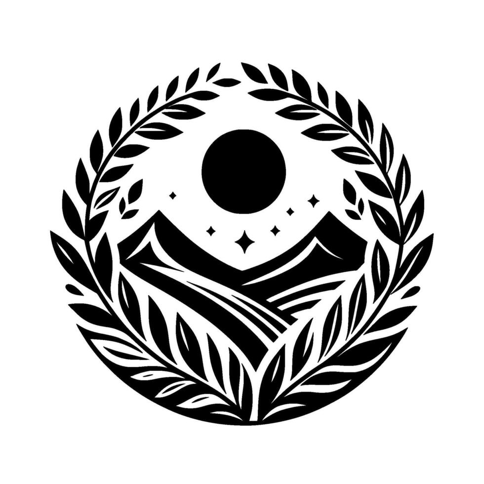 Stylized Black and White Circular Emblem Mountains, Sun, Stars, and Leafy Wreath in a Minimalist . vector