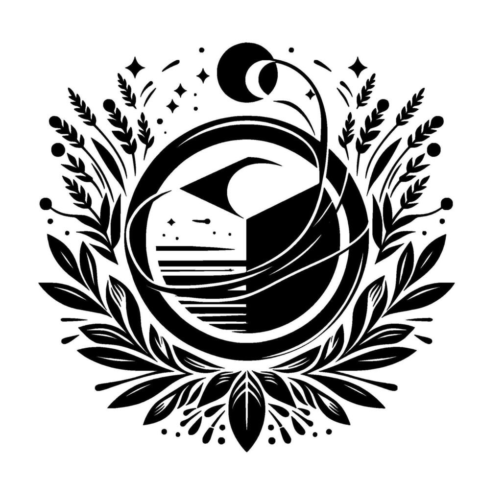 Abstract geometric and natural emblem featuring a cube, crescent, floral elements, stars, and circular frame on white. vector