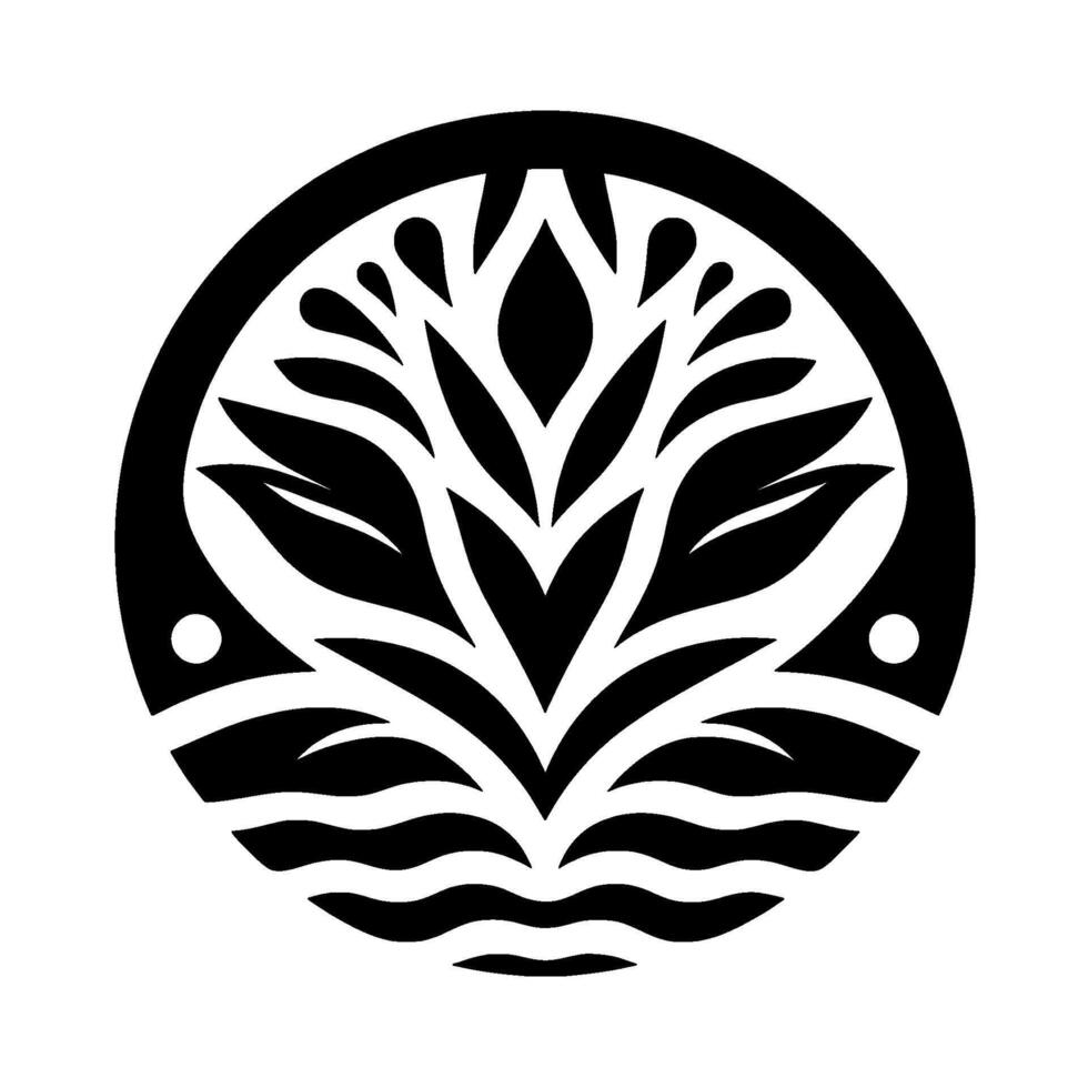 A symmetrical black and white circular depicting a stylized plant with flowing waterlike base, simple leaves, and a minimalist aesthetic. vector