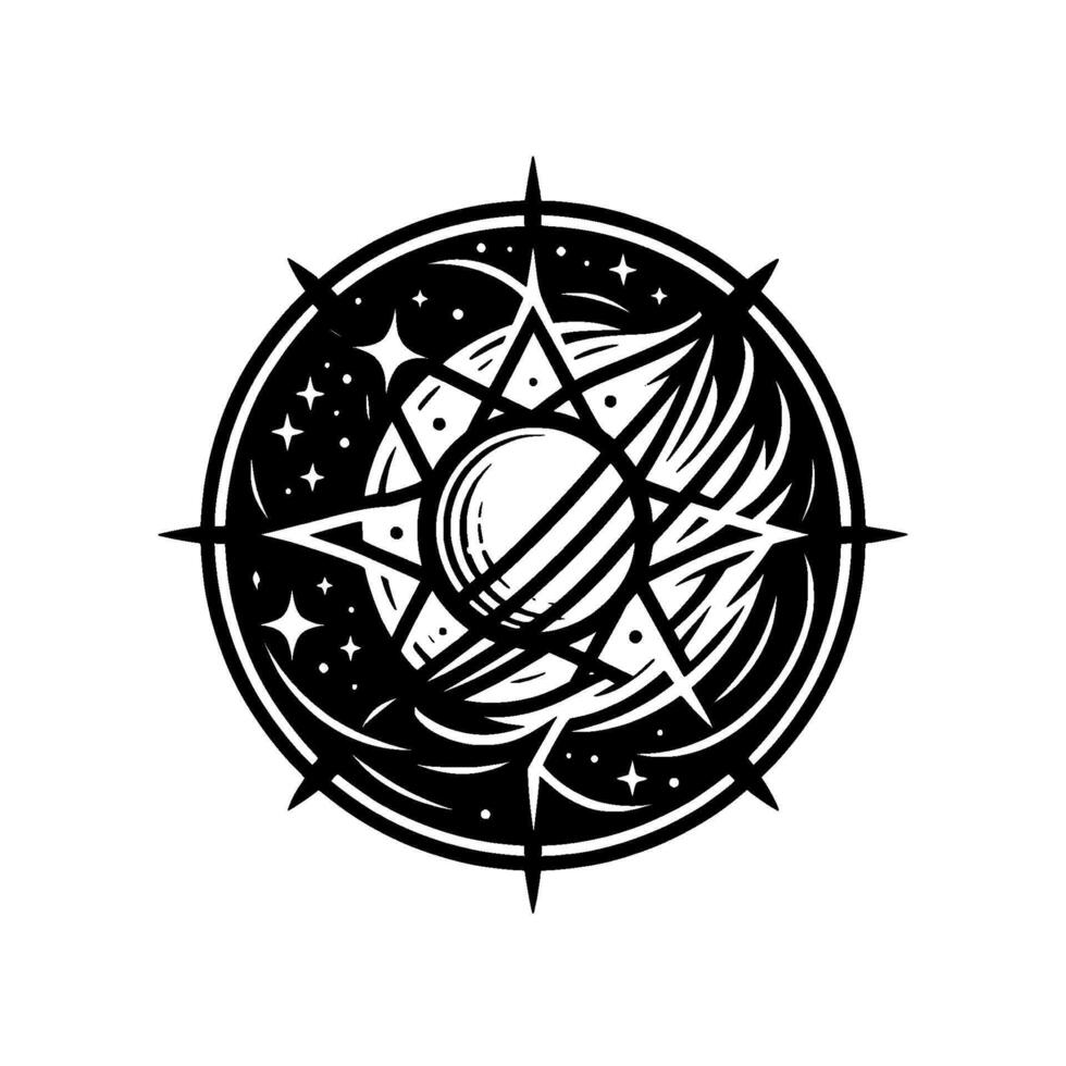 Celestial Compass Intricate black and white starburst within a circle featuring cosmic elements and spiky points. vector