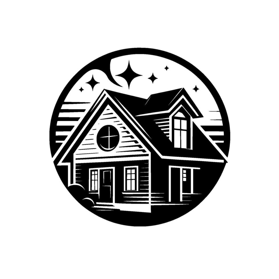 Black and white illustration of a cozy house inside a circle, with stars and a night sky , perfect for real estate logos. vector