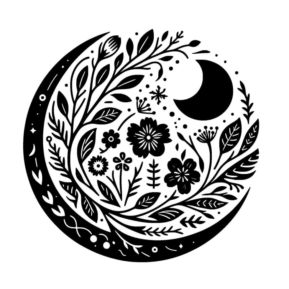 Celestial Botanical Composition A stylized black and white crescent moon encircled by a harmonious arrangement of flowers, leaves, and celestial elements. vector