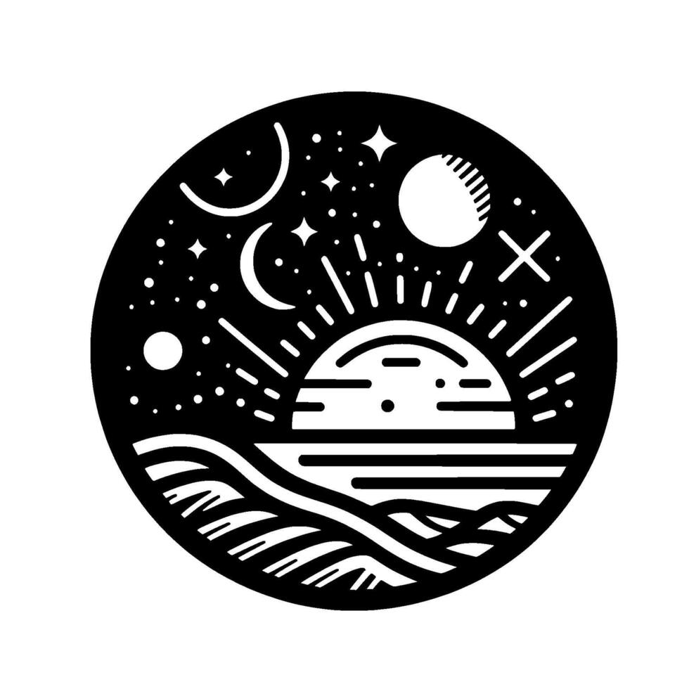 Black and White Celestial Circle Sun, Moon, Stars, Waves, Cosmic Landscape, Modern , Abstract Art vector