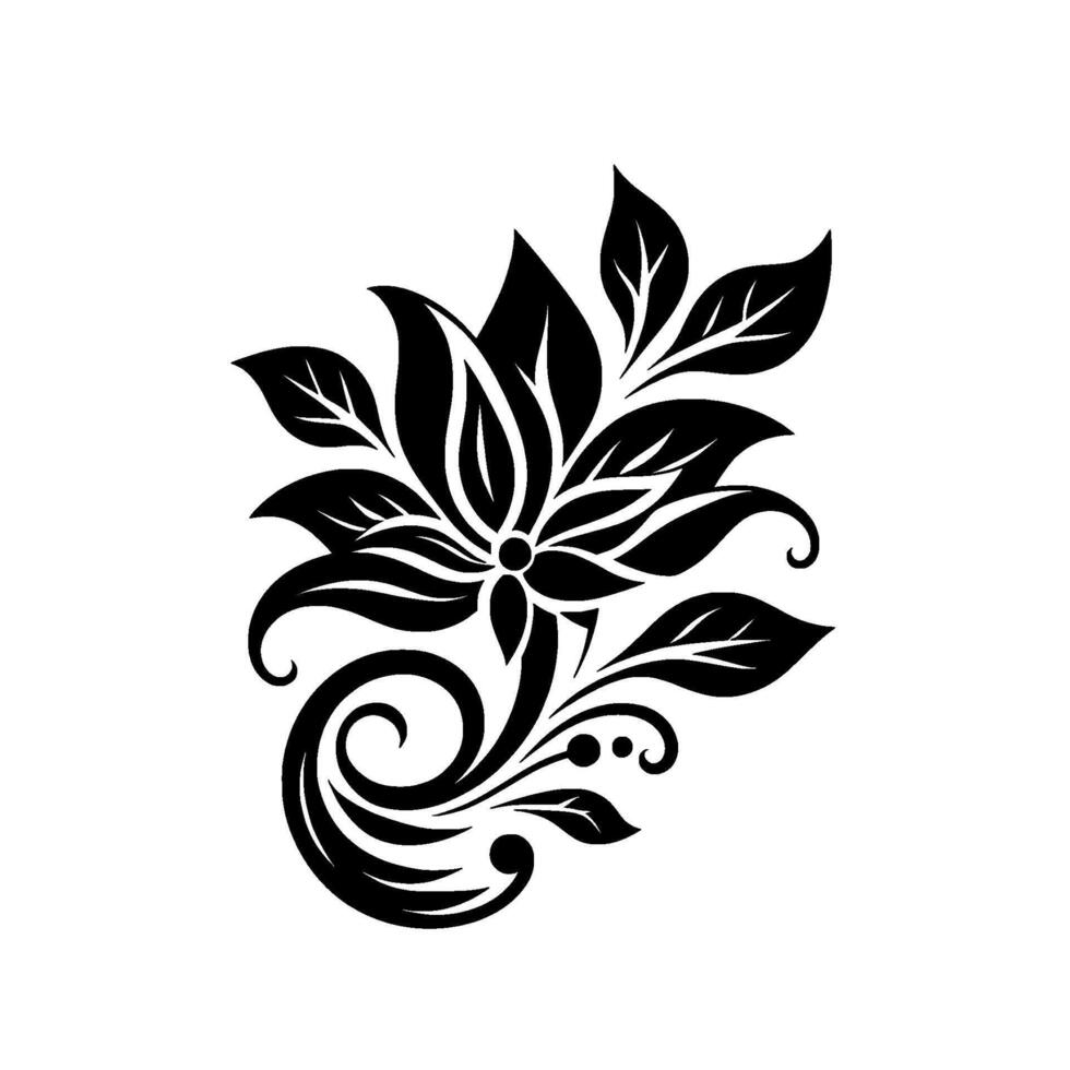 Elegant Black and White Floral with Detailed Leaves, Swirls, and a Central Bud on a Clean Background. vector