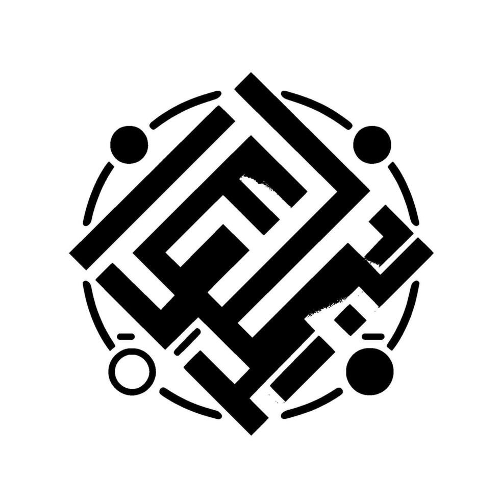 Abstract geometric black and white featuring a complex pattern within a circle, accented by small circles and curved lines, with depth and shadow. vector