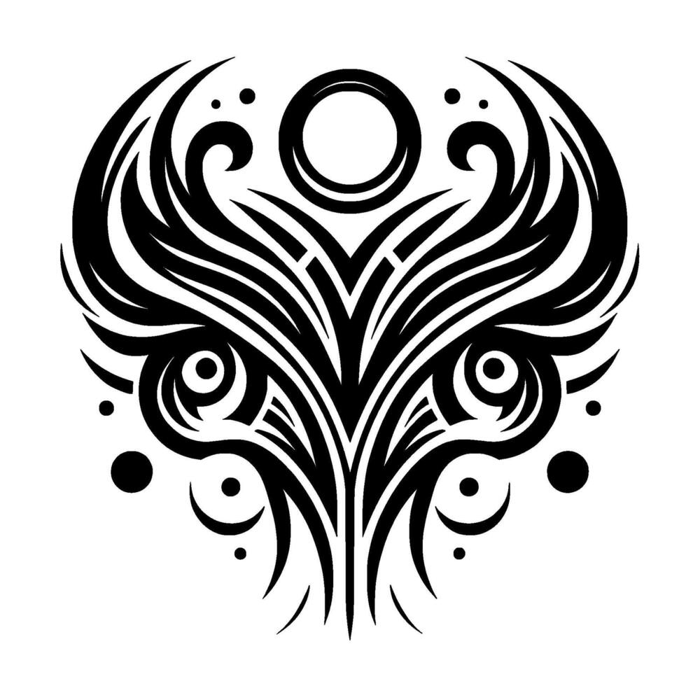 Symmetrical, Black and White Tribal with Swirls, Circles, Lines, and Angular Shapes, Isolated on White Background. vector