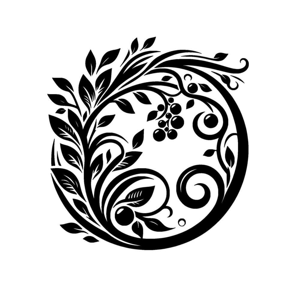 Intricate Black and White Floral A Circular Composition of Leaves, Berries, and Swirls, Elegant Aesthetic. vector