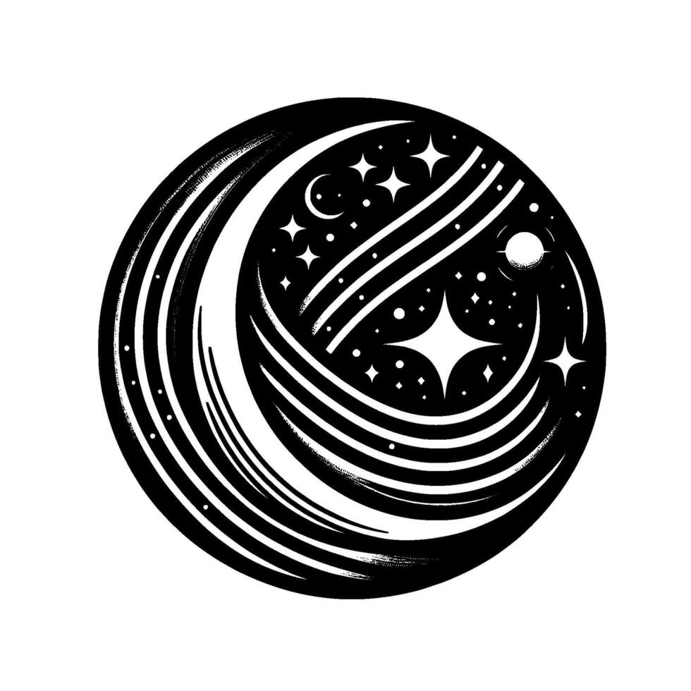 Circular Black White Celestial Illustration Crescent Moon, Stars, Planets, and Streaks in Cosmic Circle. vector