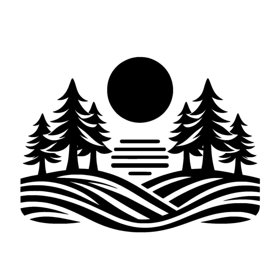 Black and White Silhouette Rolling Hills, Pine Trees, and SunHorizon Composition for NatureInspired . vector