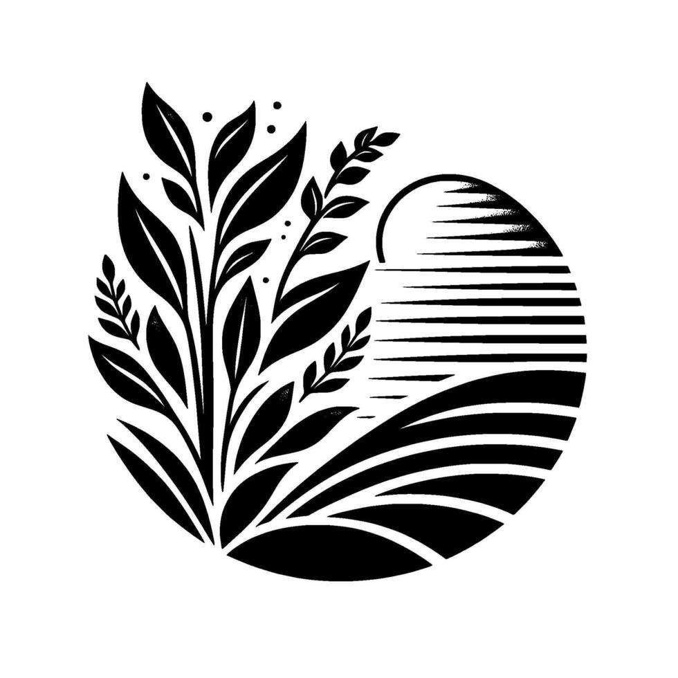 A black and white minimalist emblem, featuring lush foliage, a stylized sunset, and rolling hills inside a circular . vector