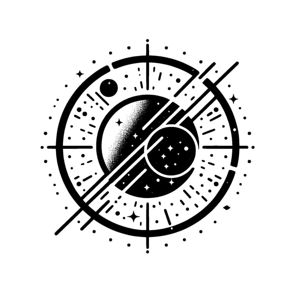 Abstract Monochrome Celestial Illustration Planets, Stars, and Cosmic Geometry Against a White Backdrop. vector