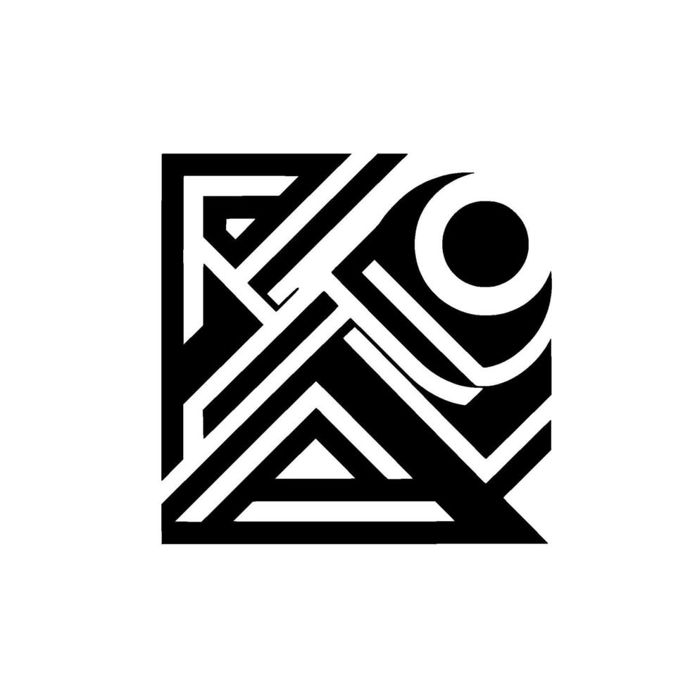 Abstract geometric with a square outline, featuring a black and white mazelike pattern, and a moonlike shape. vector