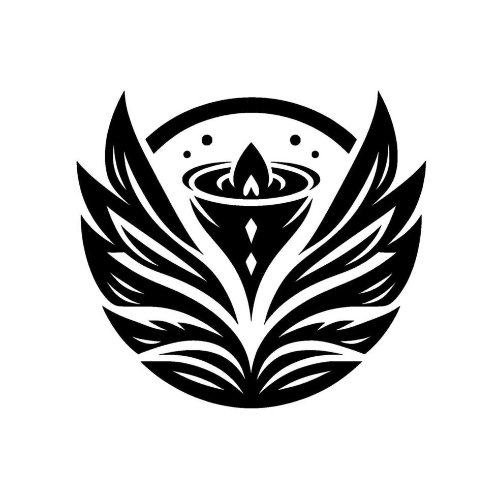 Elegant Black and White Lotus with a Lit Flame in a Symbolic Bowl Surrounded by Abstract Leaves and a Circular Frame. vector
