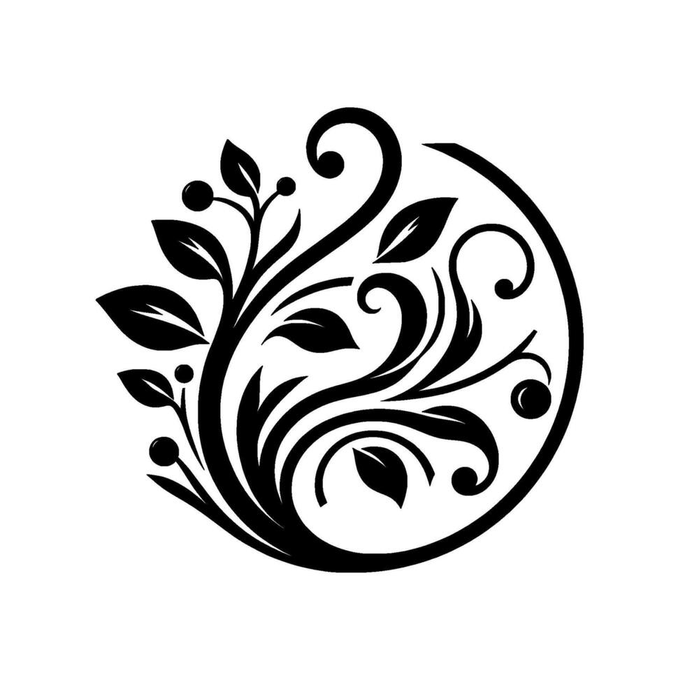 Ornate Black and White Circular Floral Featuring Detailed Leaves, Berries, and Swirling Vines, Perfect for Logos or Decorative Elements. vector