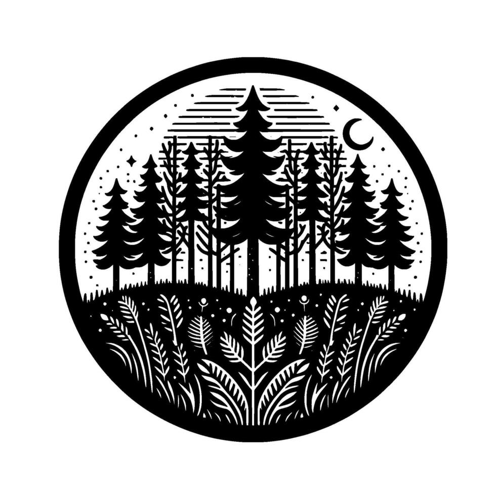 Black and White Forest Scene in a Circle Pine Trees, Grass, Moon, and Stars Creating a Minimalist Nature . vector