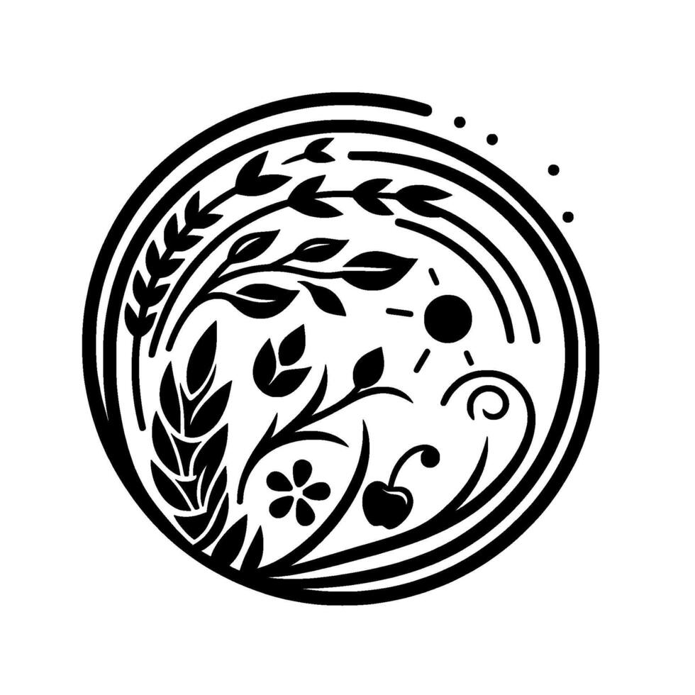 Monochromatic Circular Emblem Wheat, Leaves, Sun, Cherry, and Floral Elements in Black and White, with Decorative Outlines vector
