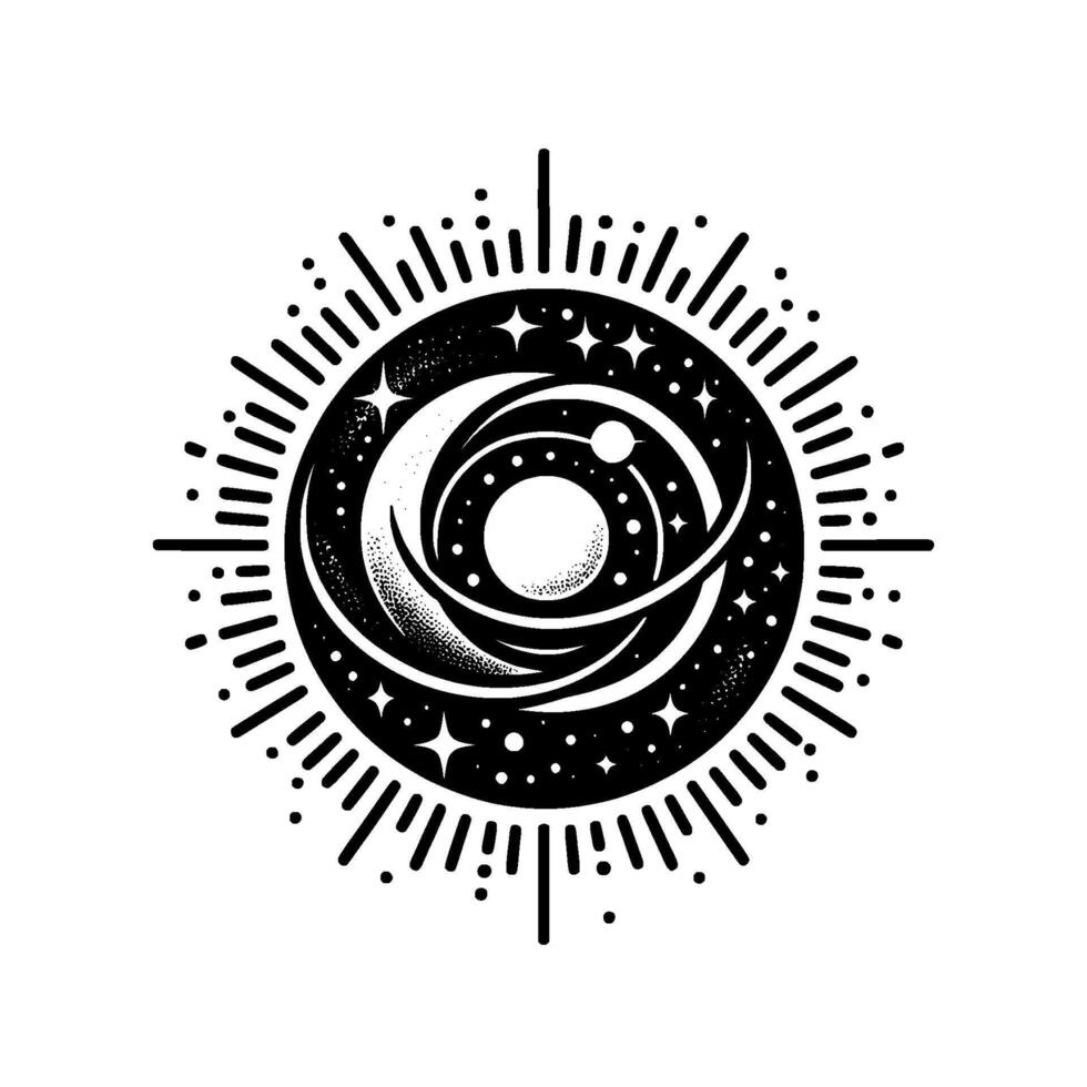 Stylized Black and White Celestial Emblem Swirling Galaxy with Rings, Stars, and Bursting Rays, Minimalist . vector