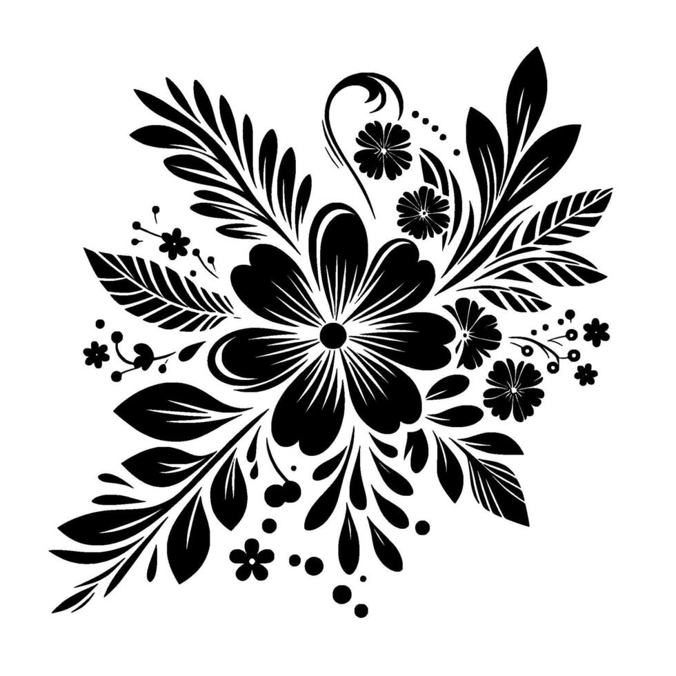 Intricate Black Floral on White Stylized Flowers, Leaves, Berries, and Swirls, Decorative and Elegant Composition. vector