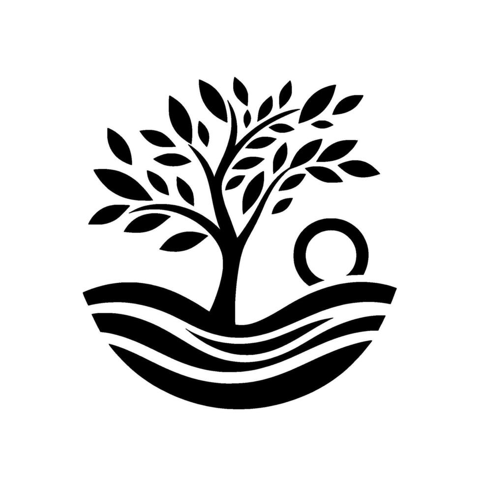 Minimalist Black and White Stylized Tree with Curved Lines Representing Land and a Circle Suggesting Sun or Moon. vector