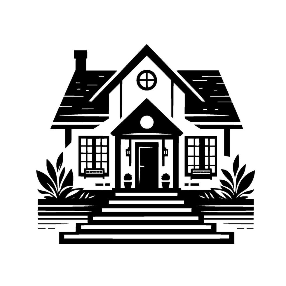 Black and White Stylized Illustration of a Classic Home with Geometric , Steps, and Landscaping. vector