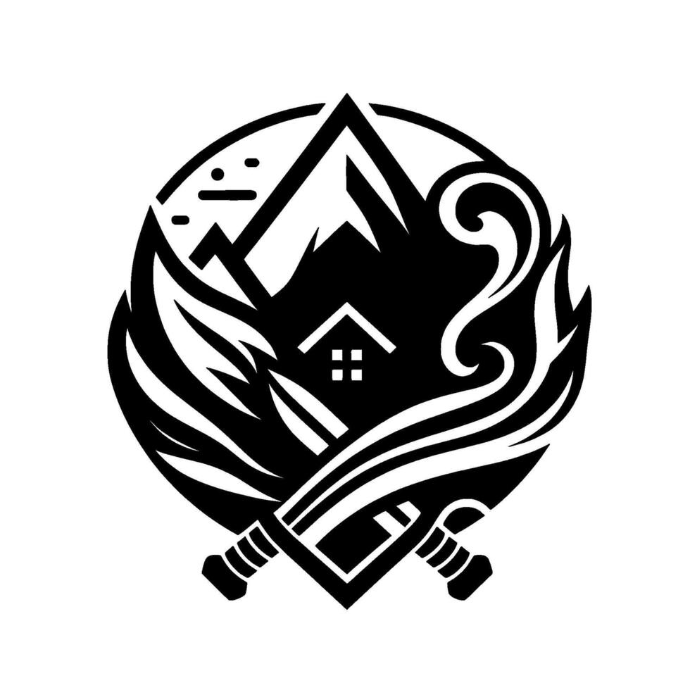 Black White Emblem Mountain Home with Swirls, Flames, and Crossed Swords, a Symbolic . vector