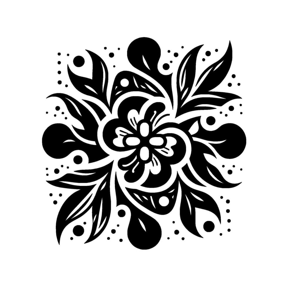 Symmetrical Black and White Floral with Leaf and Dot Accents, Isolated on White, . vector