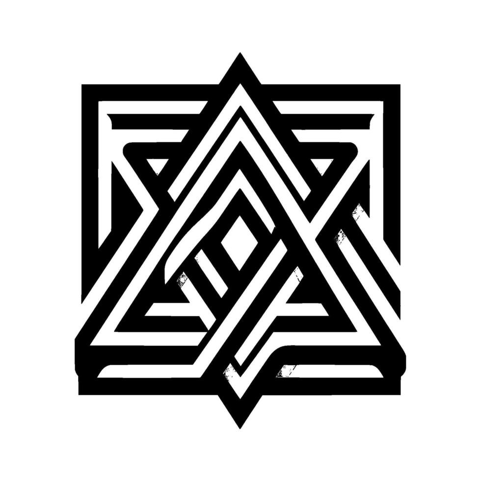Abstract geometric black and white featuring a star within a square, layered with stripes, creating depth and shadow. vector