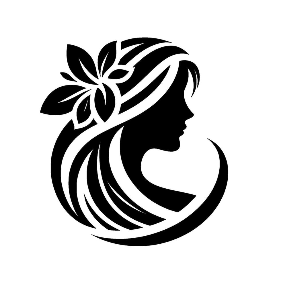Elegant Black and White Silhouette of a Woman Adorned with Leafy Floral Headdress, Serene and Graceful . vector