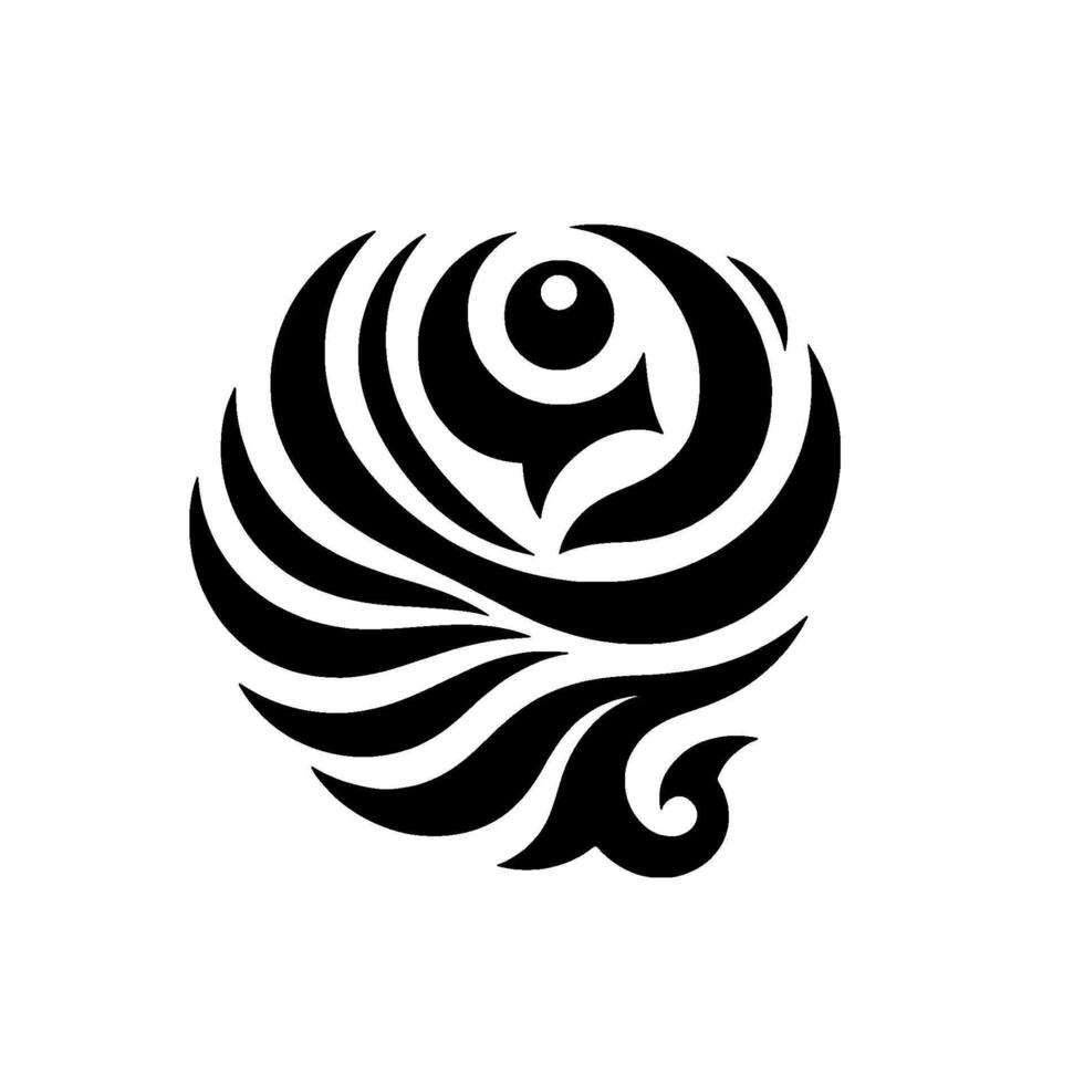 A stylized, symmetrical black and white tribal resembling a stylized eye or floral emblem with curved, flowing lines against a white background. vector
