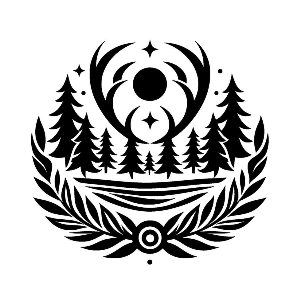 Stylized Black White Nature Emblem Forest Scene with Celestial Elements Encircled by a Laurel Wreath, Minimalist . vector