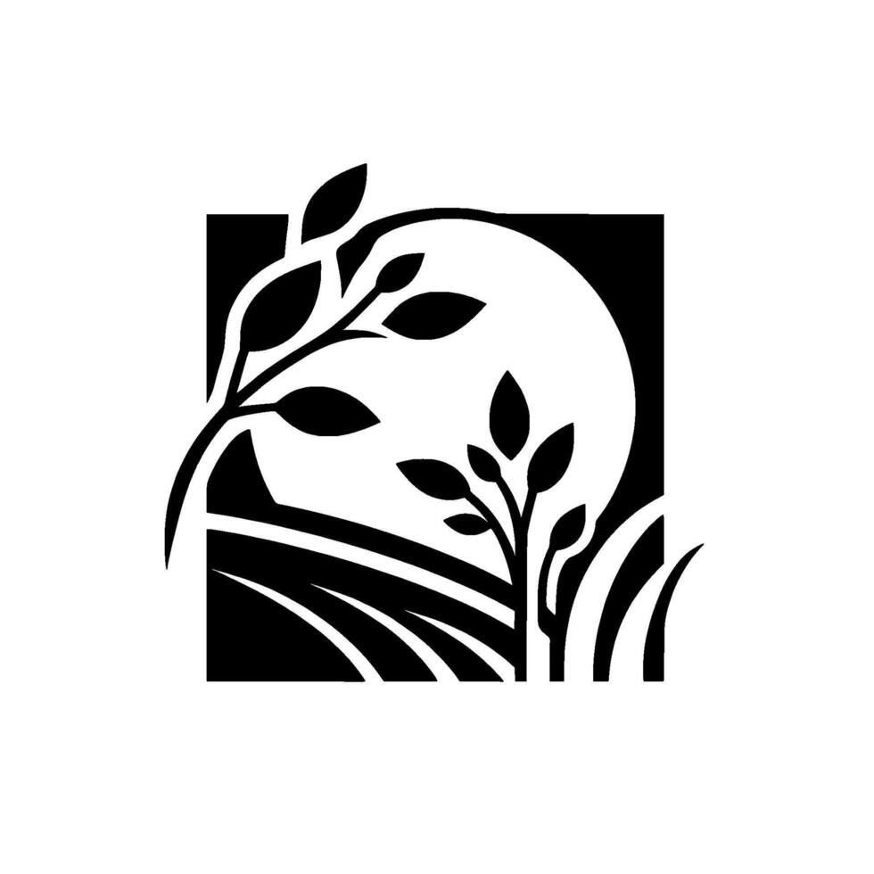 Stylized monochrome featuring a square frame around a natural scene with foliage, a field, and a full moon, evoking a minimalist landscape. vector