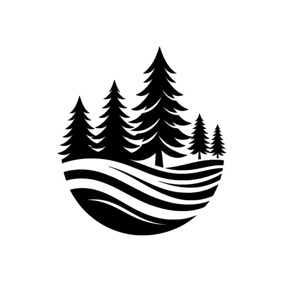 Stylized Black and White Nature Silhouette of Pine Trees atop Wavy Hills, Enclosed in a Rounded Frame, Minimalist . vector