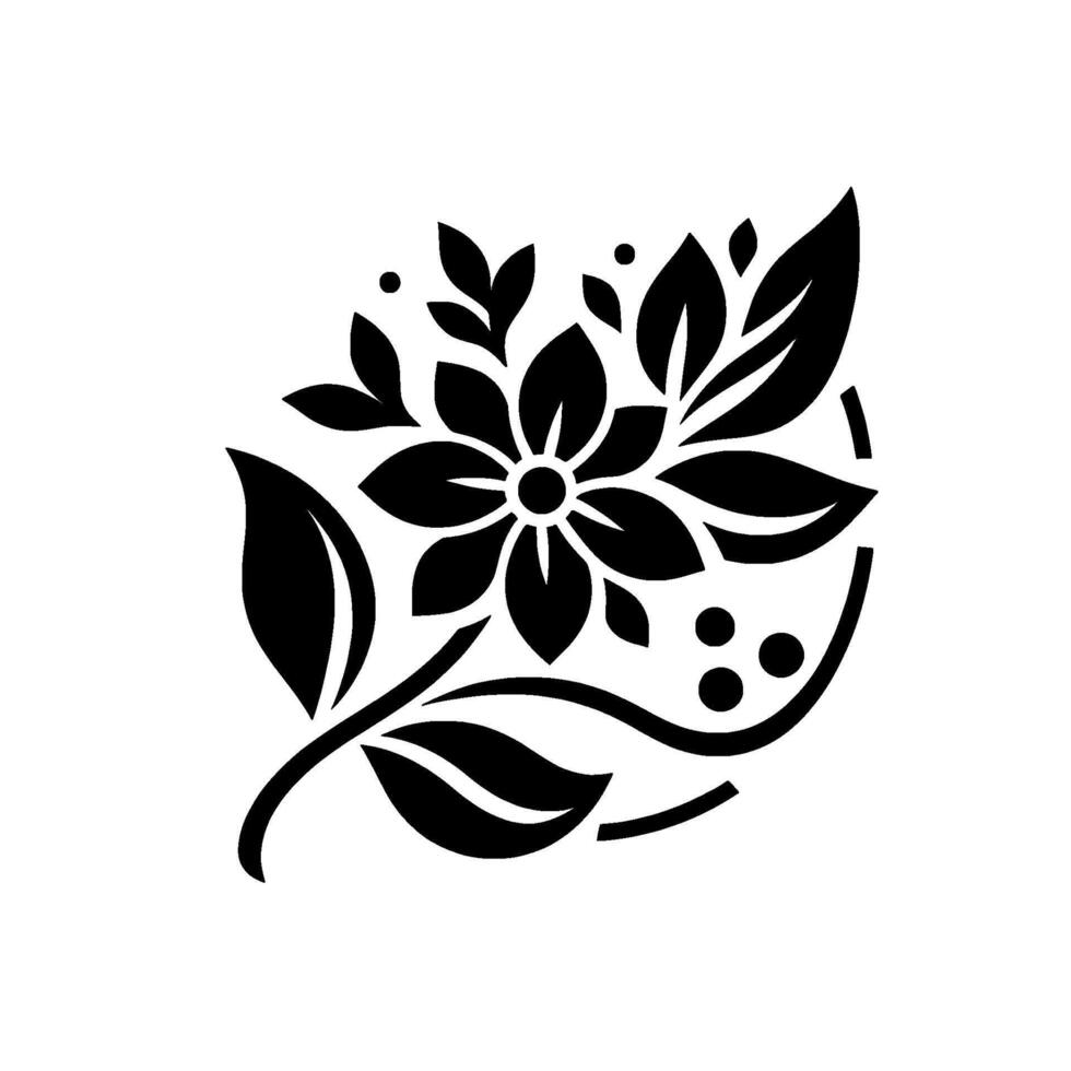 Elegant Black and White Floral with Petals, Leaves, and Dots Inside a Circle, Perfect for Logos. vector