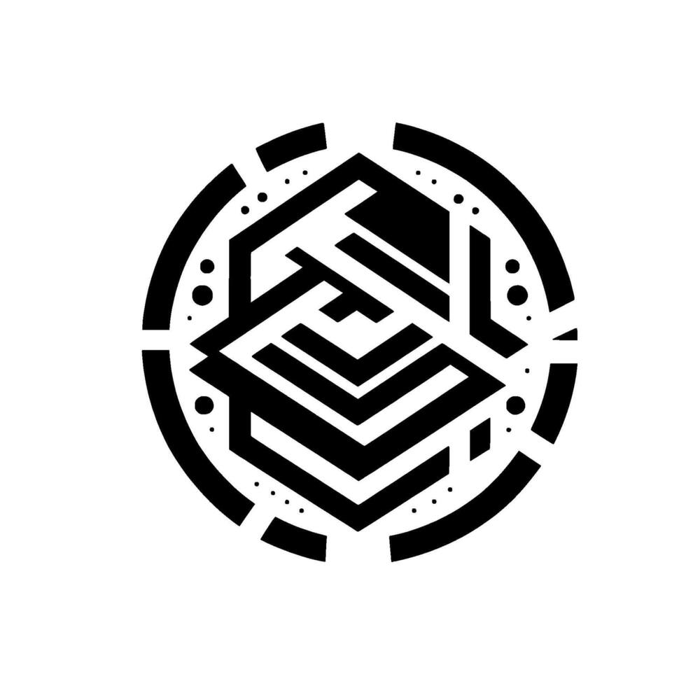 Bold, Black and White Geometric Symbol Featuring a Cubical Core within a Circular Frame, Illustrating Modern Abstraction. vector