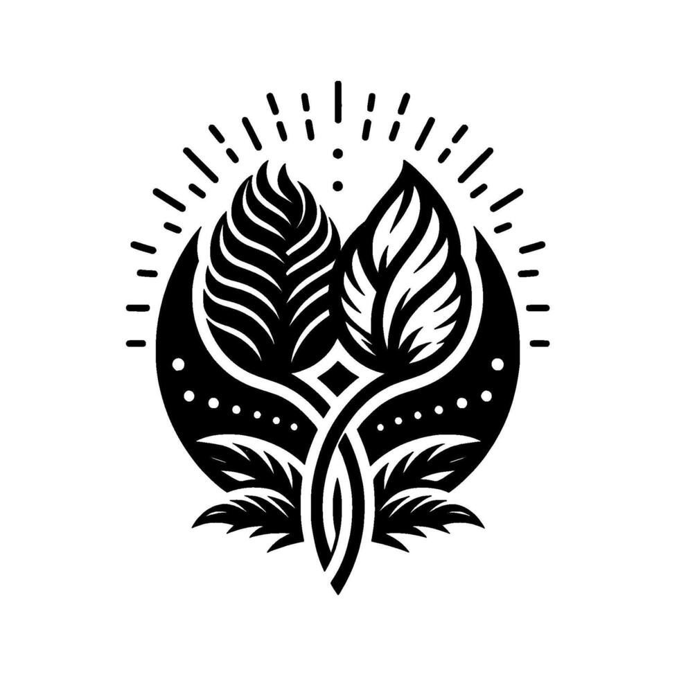 Black and white stylized botanical illustration symmetrical leaves within an illuminated crescent moon , evoking natures harmony. vector