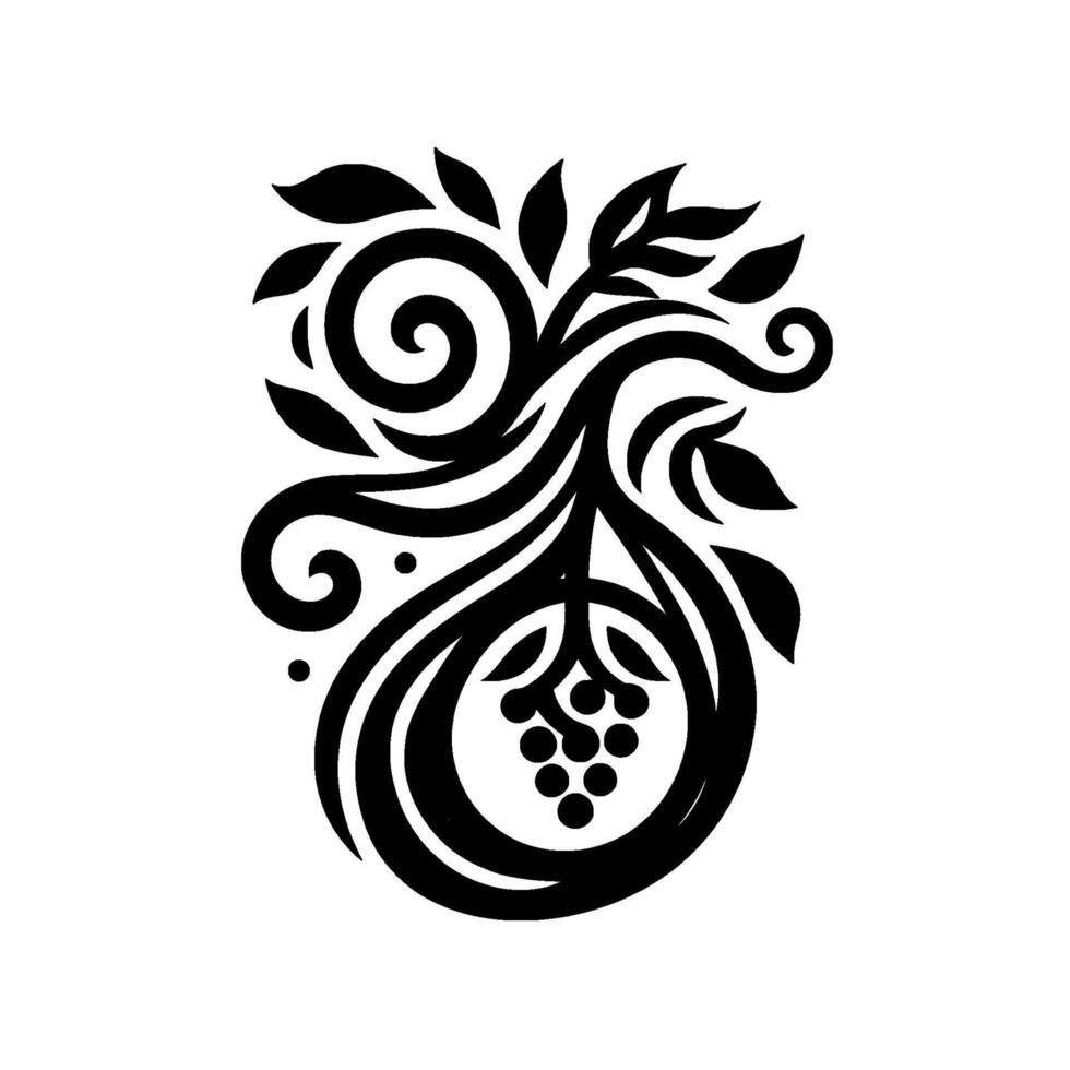 Elegant black and white symmetrical floral featuring leaves, tendrils, and a cluster of grapes, creating a balanced and decorative composition. vector