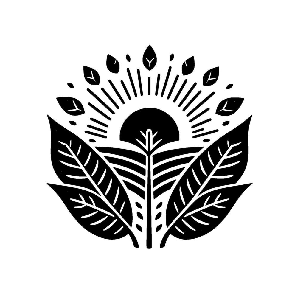 Stylized Black and White Illustration Solar Bloom Composition Featuring Sun Rays, Leaves, and a Central Treelike Element. vector