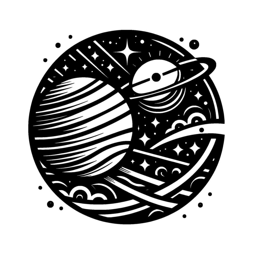 Black and white circular illustration of planets and stars, an artistic representation of outer space, stylized, with lines and patterns. vector