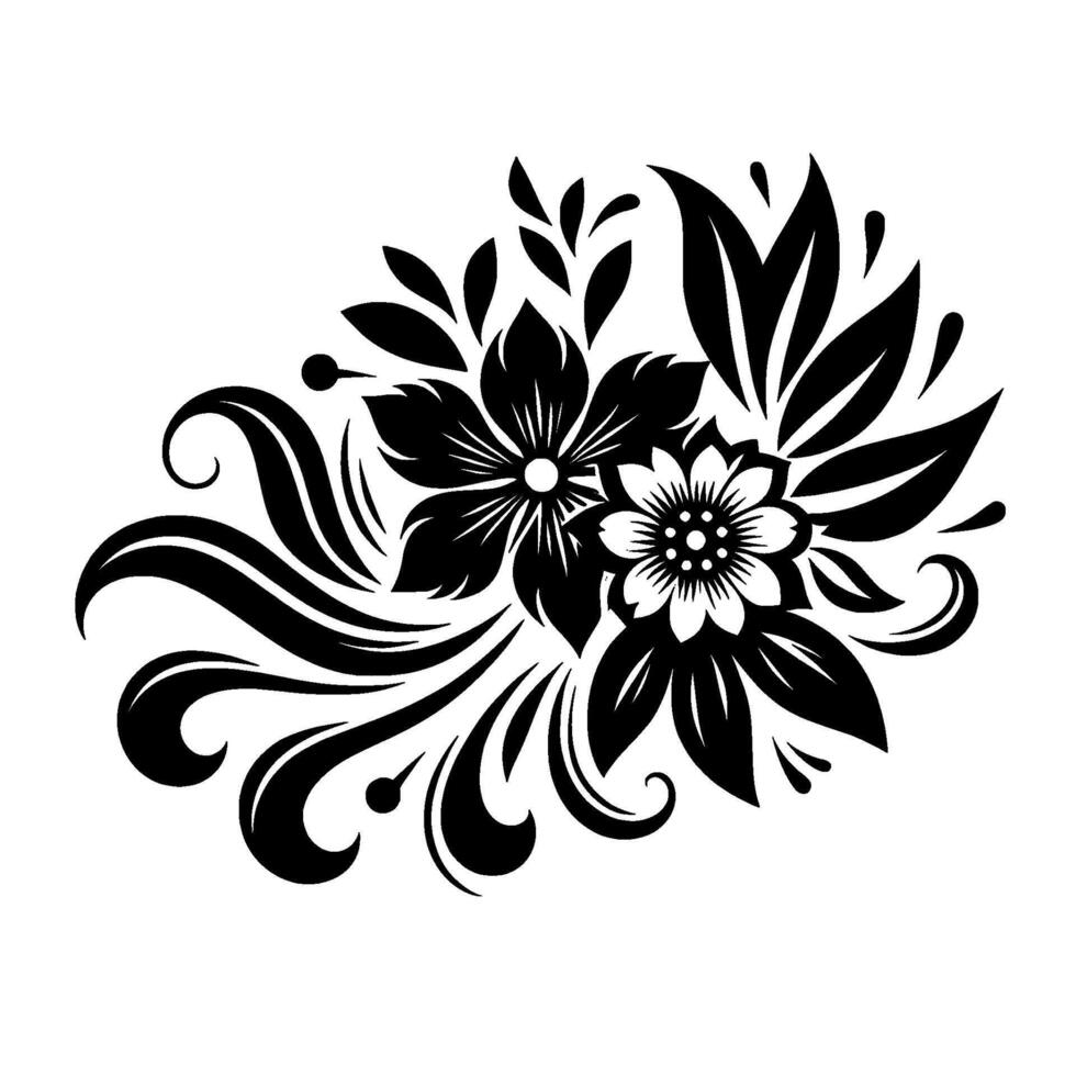 Elegant Black and White Floral A Decorative Ornament Featuring Blossoms, Leaves, and Swirls in a Minimalist Style. vector
