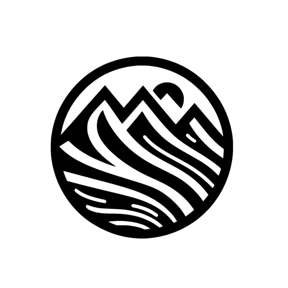 Monochrome circular with stylized mountain range, sun, and water, minimalist , perfect for outdoors branding. vector