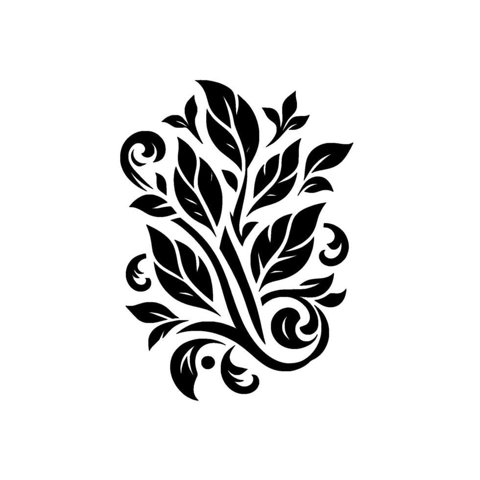 Detailed Black and White Floral with Leaves, Swirls, and Branches on a White Background. vector