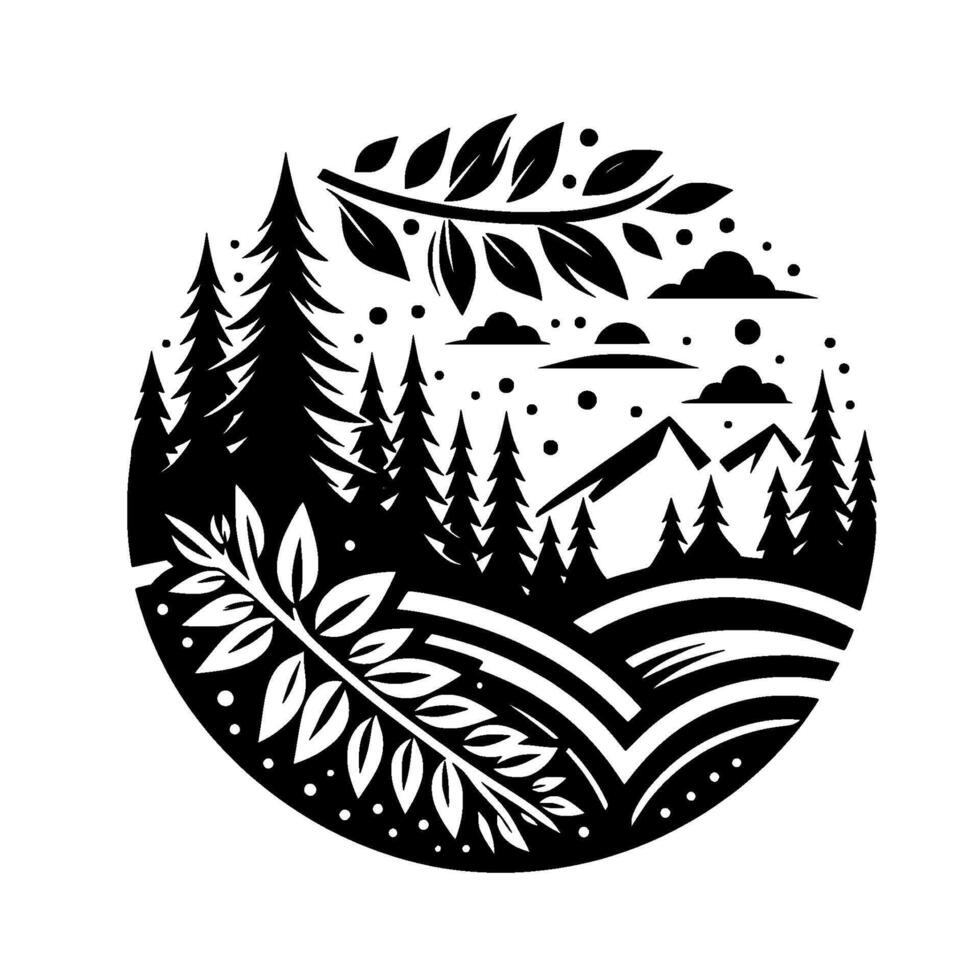 Black and white nature illustration in a circle, showing stylized trees, mountains, fields, leaves, and clouds. vector