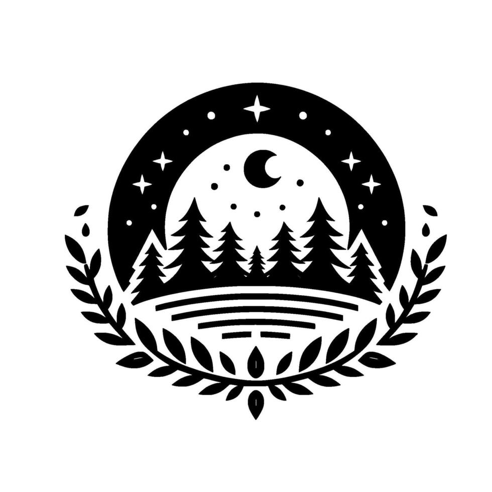 Serene Black and White Circular Forest Under Starry Night with Crescent Moon, Surrounded by Laurel Wreath. vector