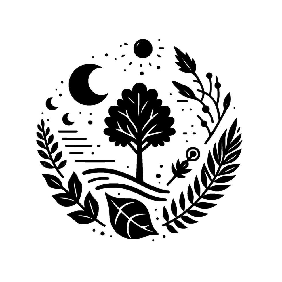 Symbolic black and white illustration of a tree, moons, sun, and foliage arranged in a circular , representing natures balance. vector