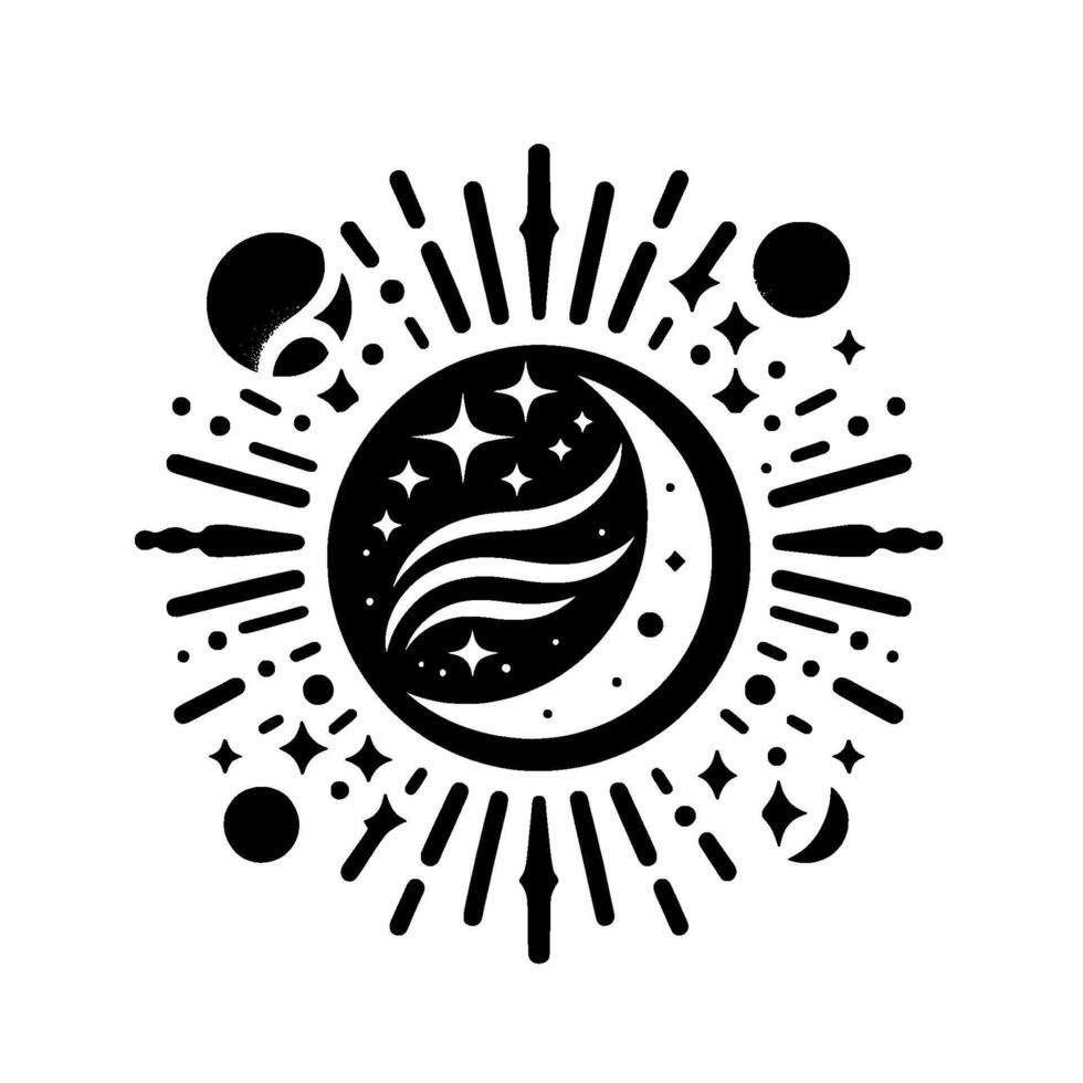 Celestial Black and White Featuring Moon, Stars, Planets, and Sunburst Elements, Creating a Cosmic Illustration. vector
