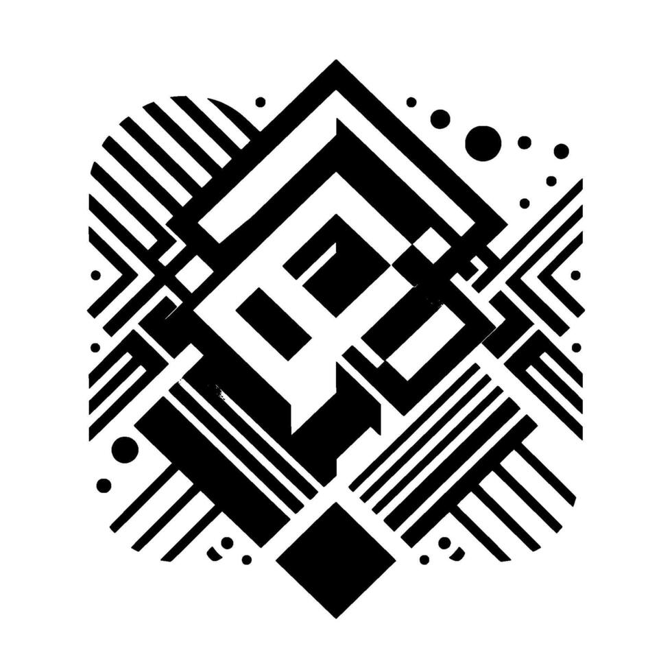Isometric Geometric Composition A symmetrical black and white featuring layered shapes, lines, and dots, evoking a sense of depth and modernism. vector