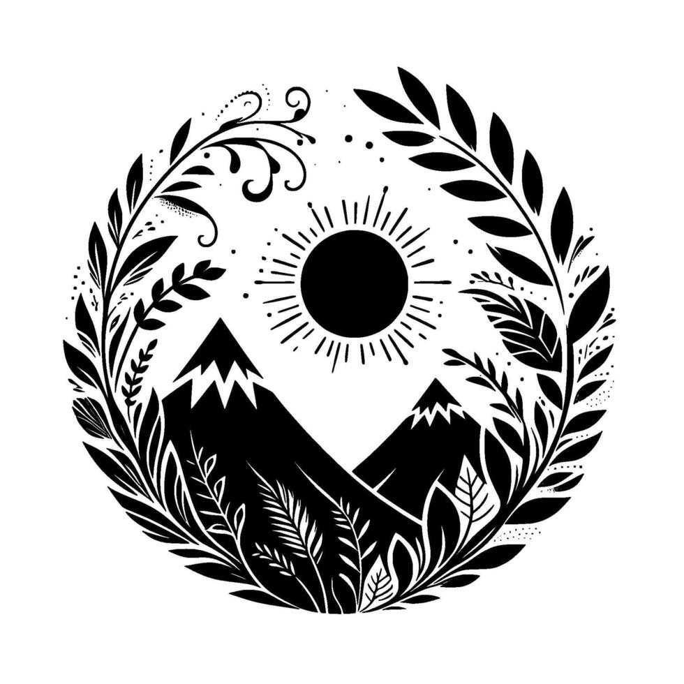 Black and White Circular Illustration Mountains, Sun, and Botanical Wreath in a Minimalist NatureInspired . vector