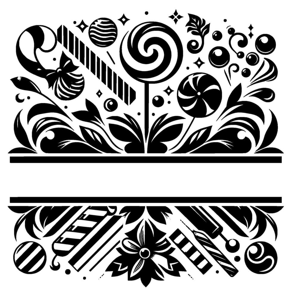 Ornate Black and White CandyThemed Illustration with Floral Accents, Text Boxes, and Decorative Elements. vector